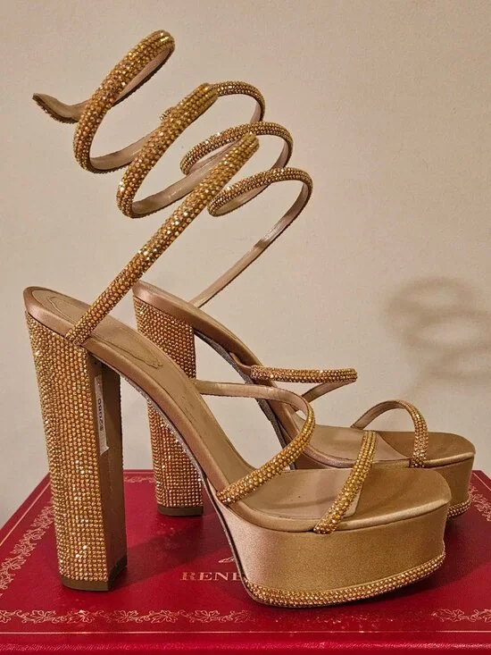 Rene Caovilla 38.5 Cleo Gold Platform Crystal Wrap Strap Sandal Block Heel Pump - Picture 10 of 12